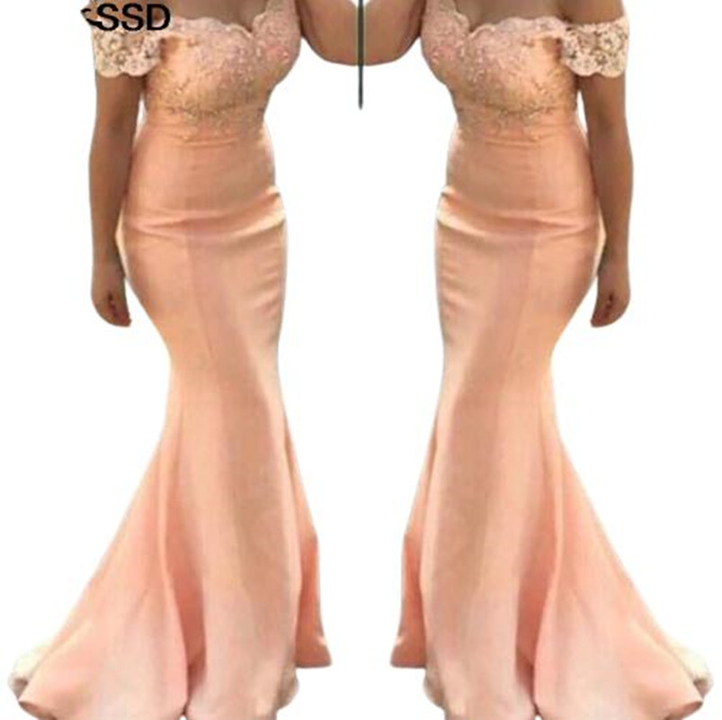 Plus Size Off-shoulder Wedding Party Dress Applique Elastic Satin Woman Lady Mermaid Sleeveless Formal Gown Bridesmaid Dresses