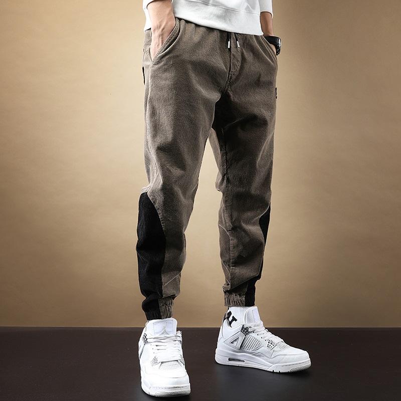 Corduroy Pants Men Fashion Patchwork Loose Joggers Black Elastic Waist Drawstring Trousers Men's