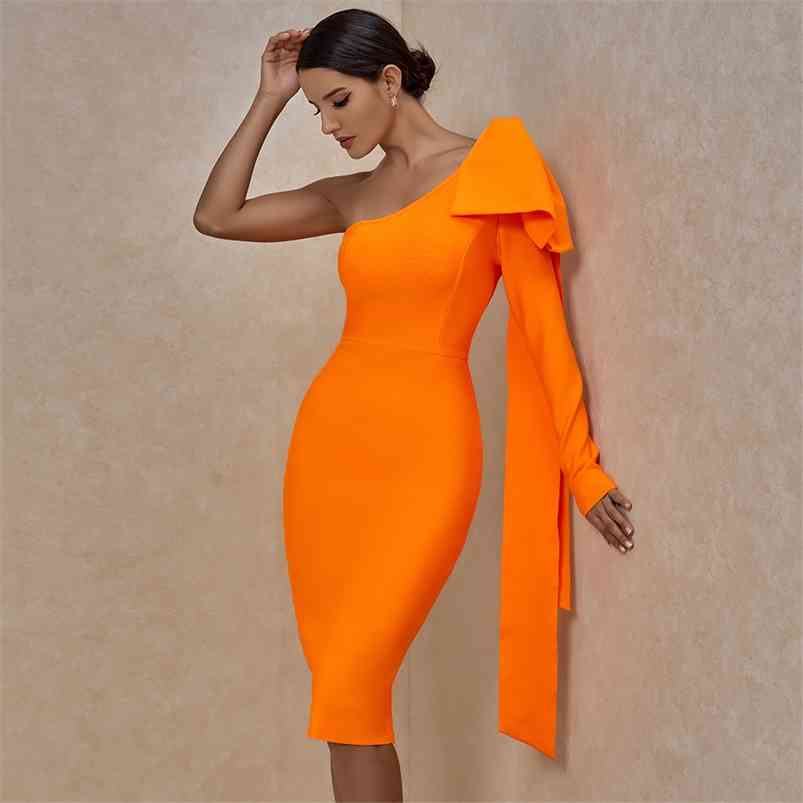 Ocstrade Runway Bownot One Sleeve Bandage Dress New Women Sexy One Shoulder Bandage Dress Bodycon Orange Club Party Dress 210329