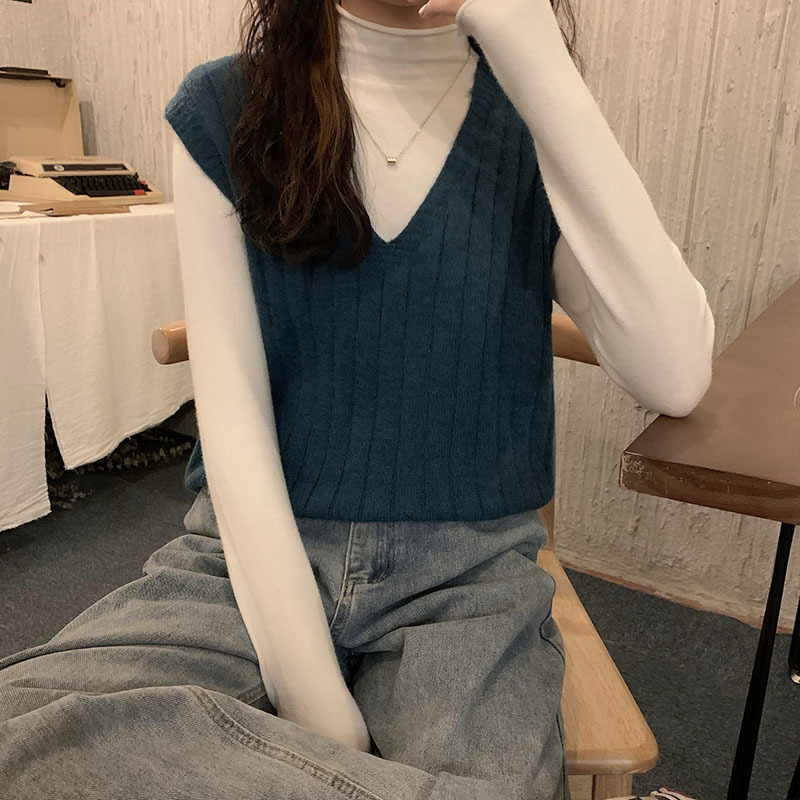 Women Solid Retor Loose V-neck Trick Striped Sweater Vest Autumn Spring Female Knitted Tank Vests with Bottoming Tops 210514