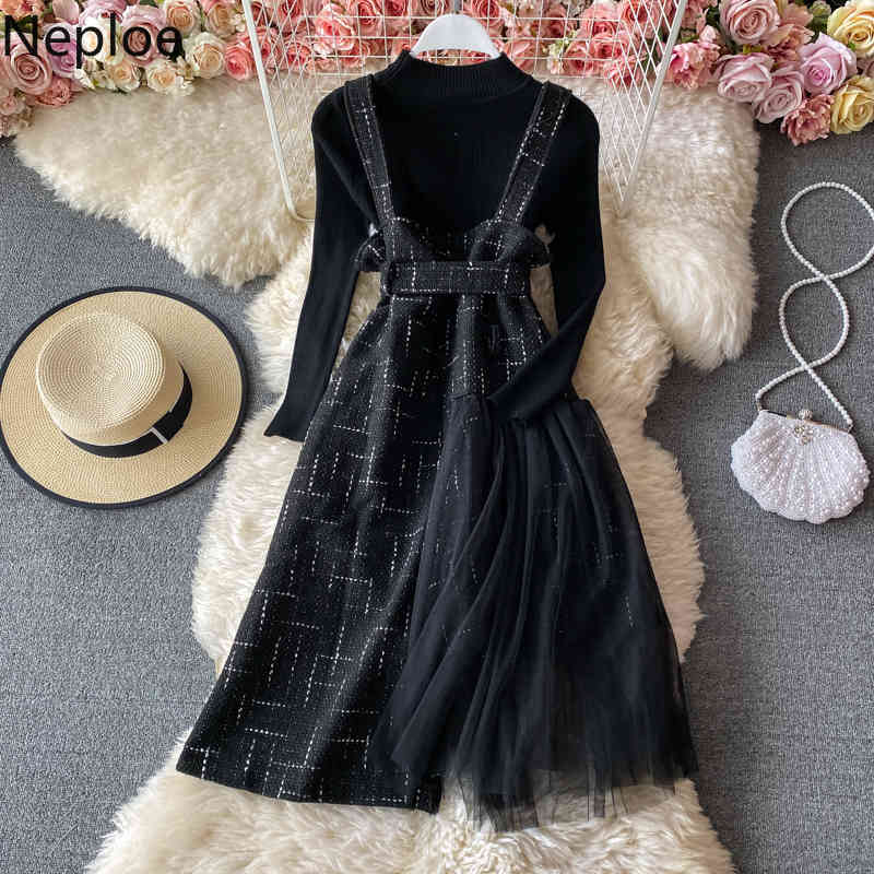 Neploe Two Piece Set Women Knitted Sweater Sling Patchwork Gauze Dresses Korean Chic Suit Femme Roupas 2 Piece Set Female 4G300 210422