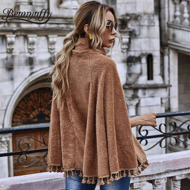 Elegant Solid Hairy Tassel Poncho Women Autumn winter Turtleneck Cloak Sleeve Cape Coat Female Casual Outerwear 210510