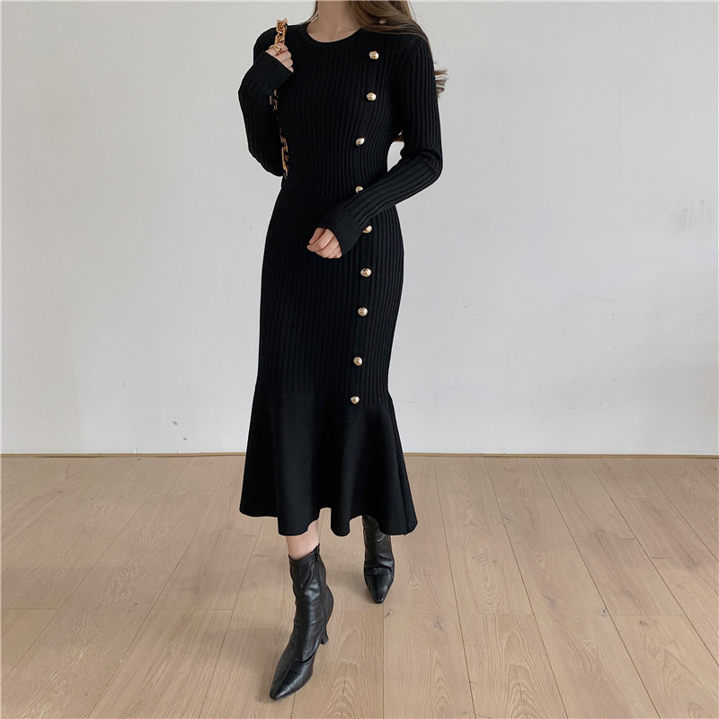 Autumn Winter Bottoming Dress Elegant Slim-fit Long Knitted Women OL Style Package Hip Fishtail es 210421