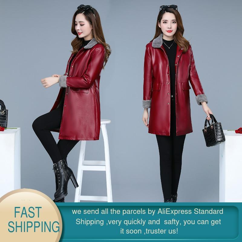 Winter Leather Jacket Women Faux Fur sheepskin Coat women's leather jacket Long Sleeve warm thick Female 210428
