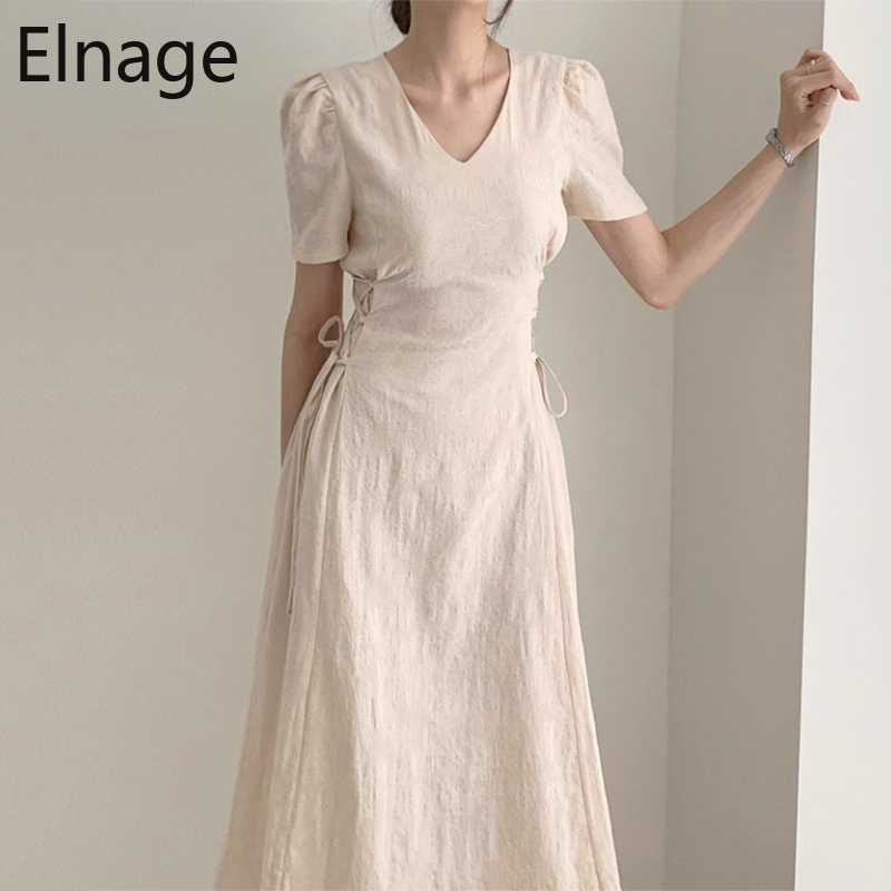Korean Temperament Pattern V-neck Slim Side Lace Up Maxi Dress Women Short Sleeve Summer Dresses Cotton and Linen Robe 5B083 210429