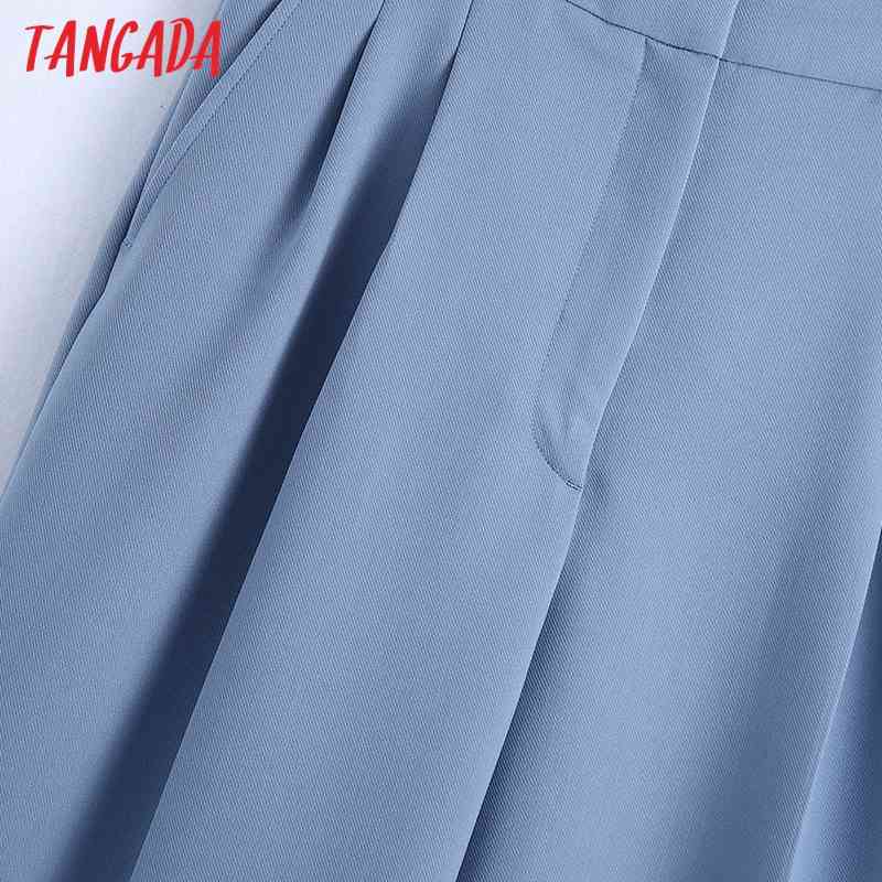Fashion Women Blue Suit Trousers Pockets Buttons Office Lady Pants Pantalon BE322 210416