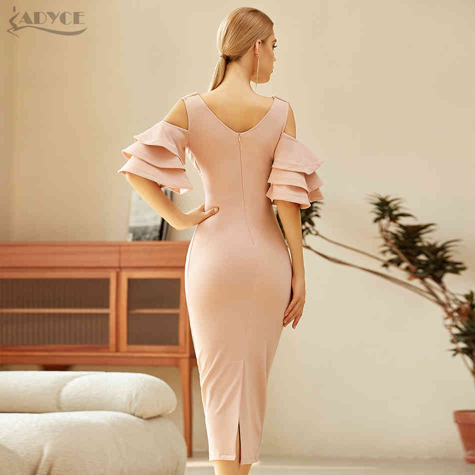 Summer Apricot Red Women Bodyco Club Dress Sexy V Neck Ruffle Butterfly Short Sleeve Midi Celebrity Party Dresses 210423