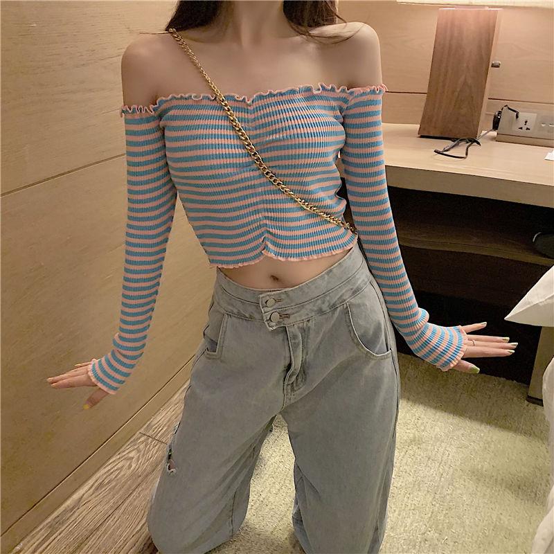 Women's T-Shirt Slim Neck Strapless Long Sleeve Bottoming Shirt With Navel And Short Striped Knitted T-shirt., Black
Women's T-Shirt Slim Neck Strapless Long Sleeve Bottoming Shirt With Navel And Short Striped Knitted T-shirt., Black