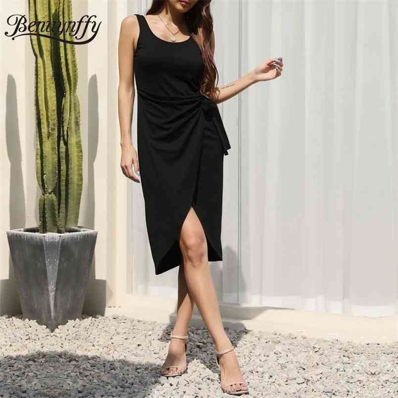 Round Neck Ruched Tie Waist Solid Midi Dresses Women Summer Sleeveless Black Elegant Office Lady Slim Fit Tank Dress 210510