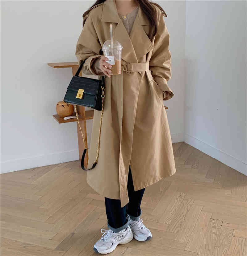 Minimalist Fashion Double-breasted Khaki Long Trench Coat OL Outwear Solid Frock Women Windbreaker 210421