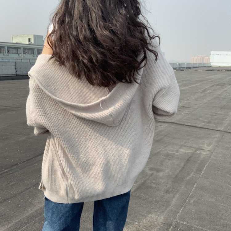 Women Drop Shoulder Zip Up Slouchy Knit Hooded Cardigan Chunky Relaxed 210914