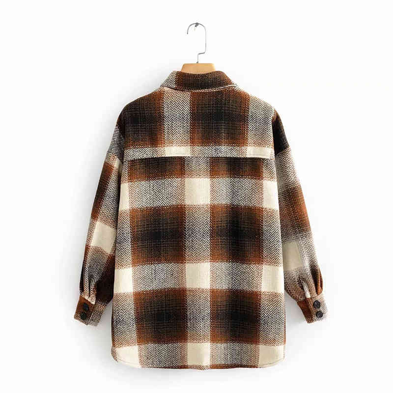 Women Autumn-Winter Fashion Contrast Color hm Long Jacket Female Vintage Plaid Single Breasted Loose Outwear Casual Coats 210421
