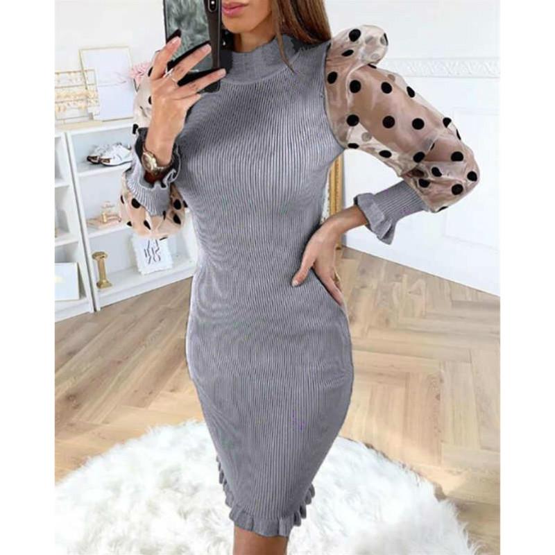 Fashion Polka Dot Mesh Sheer Puff-Sleeve Women Dress Ladies Autumn Knitted Slim Pencil Casual Dresses