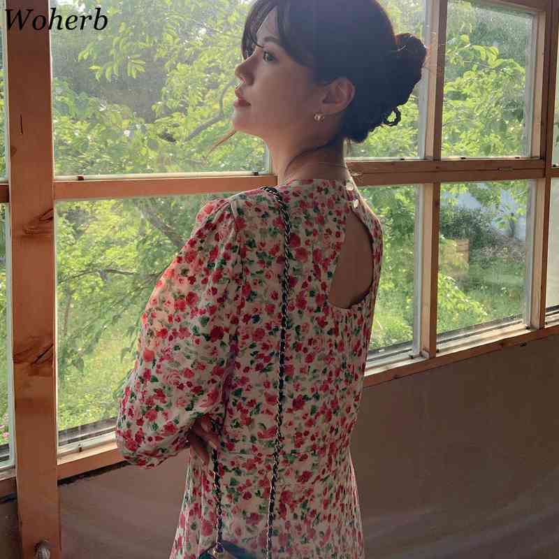 Elegant Sweet Floral Dress Women Summer Korean Chic Robe Temperament Hollow Out Vestidos Backless Vintage 210519