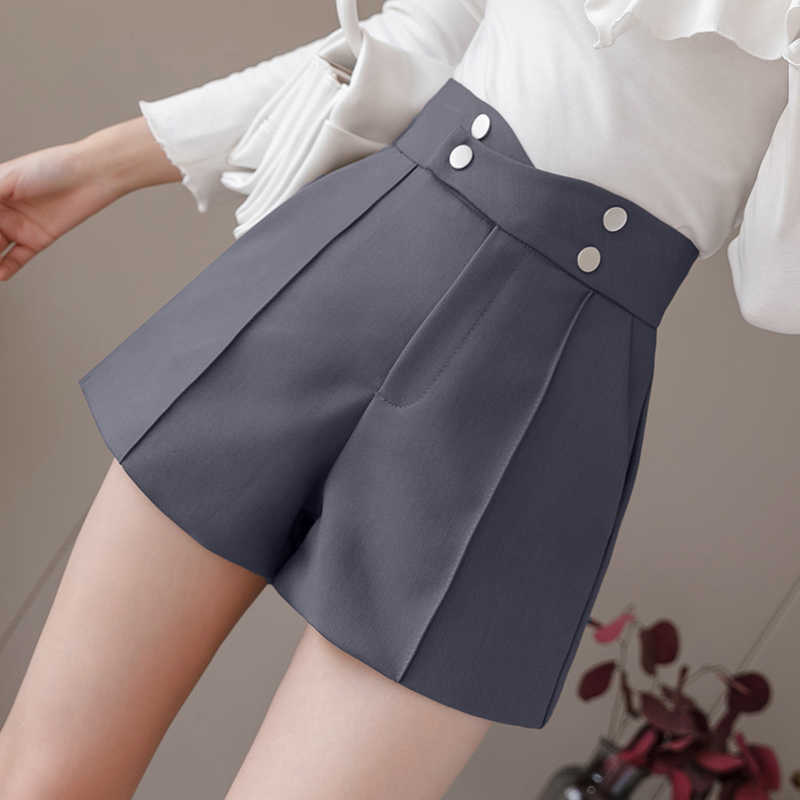 Plus Size Suits Shorts Women Summer High Waist Solid Black Office Work Ladies Pocket Gray Wide Leg Trouser S-XL 210714