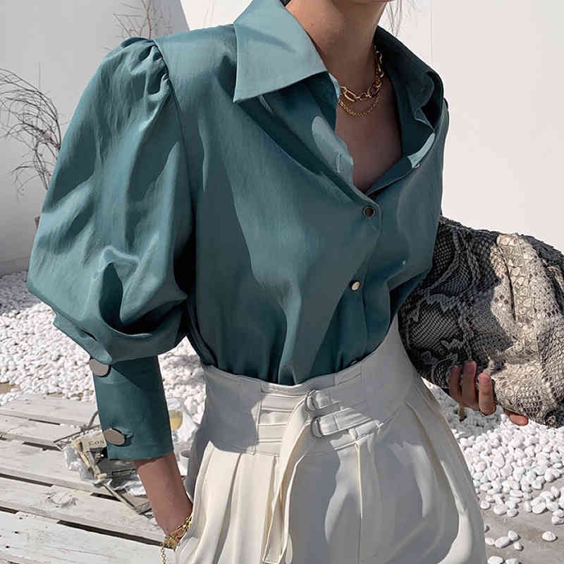 Lantern Sleeve Minimalist Loose Shirt Spring Office Lady Blouse Turn-down Collar Solid Color Long-sleeved 210427