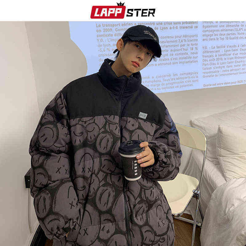 LAPPSTER Men Japanese Streetwear Puffer Jackets Winter Mens Full Print Fashions Bubble Coat Couple Patchwork Thick Parkas 211214Z