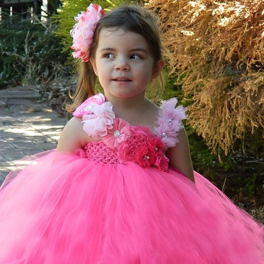 Fashion Pink Flower Girls Tutu Dress Baby Crochet Tulle Hand Made Flowers Ball Gown Children Birthday Party Costume Dresses