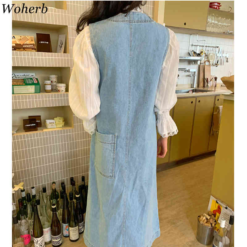 Two Piece Set Women Lace Patchwork White Shirt + Loose Pocket Denim Vest Maxi Dress Korean Chic Suit 2 Sets 210519