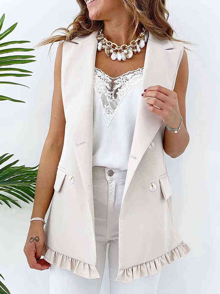 SLMD Stylish Chic Khaki Ruffles Double Breasted Vest Coat Women Fashion Pockets Waistcoat Female Casual Outfitsar 211120