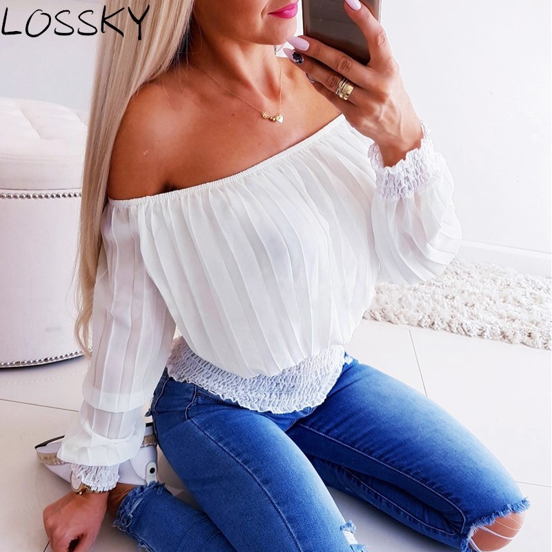 Women Summer Autumn White Chiffon Pleated Off Shoulder Blouse Shirt Sexy Eleagnt Long Sleeve Female Casual Shirts Blouses 210507