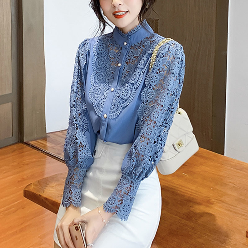 Crochet Hollow Lace Stitching Korean Style Blouse Women Sexy Puff Sleeve Stand-up Collar Bottoming Thin Shirt 12731 210427