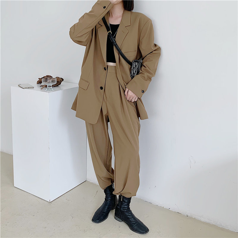 OL Elegant Office Lady Loose Women Blazers+Stylish High Waist Straight Solid Pants Suits All Match 2 Piece Sets 210421