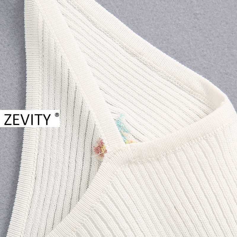 Zevity Women fashion floral embroidery camis tank tops summer wear female v neck knitted casual slim sling vest crop tops LS6984 210625