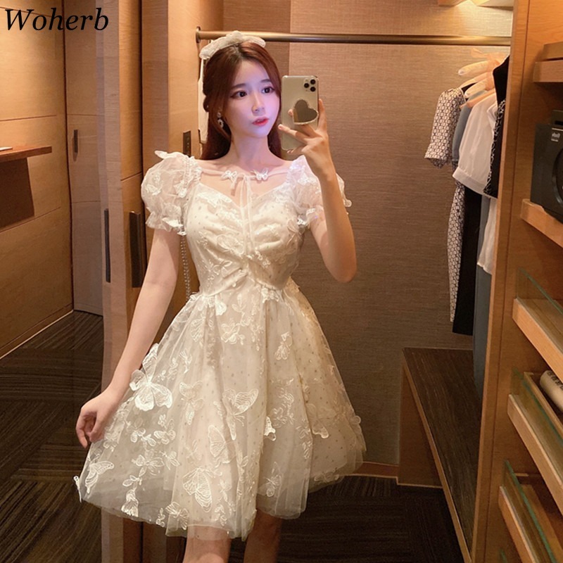 Dress Women Elegant Gauze Butterfly White Robe Embroidery Sweet Puff Sleeve Vestidos Sequins Patchwork Lace-up Dresses 210519