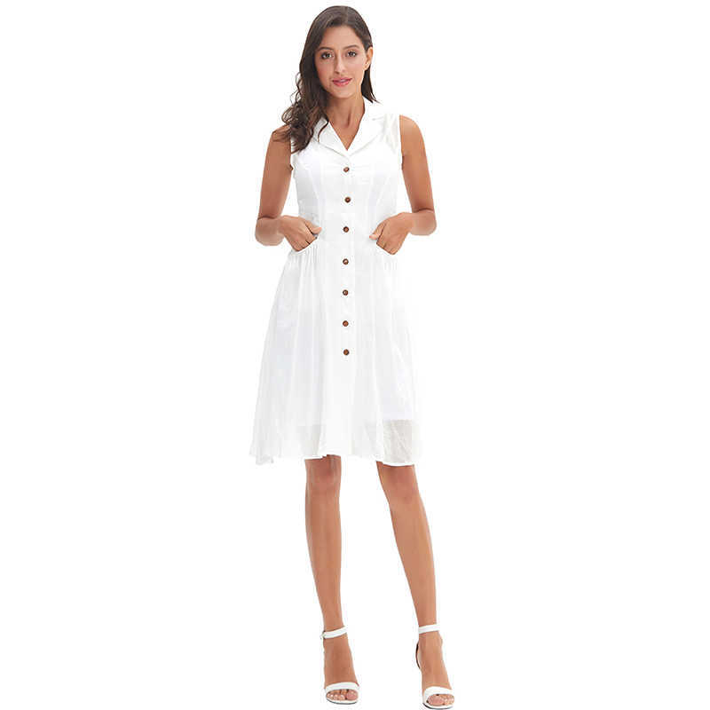 High quality line cotton lady elegant dress button up V-neck sleeveless button long white Summer dress with pocket A0987 210526