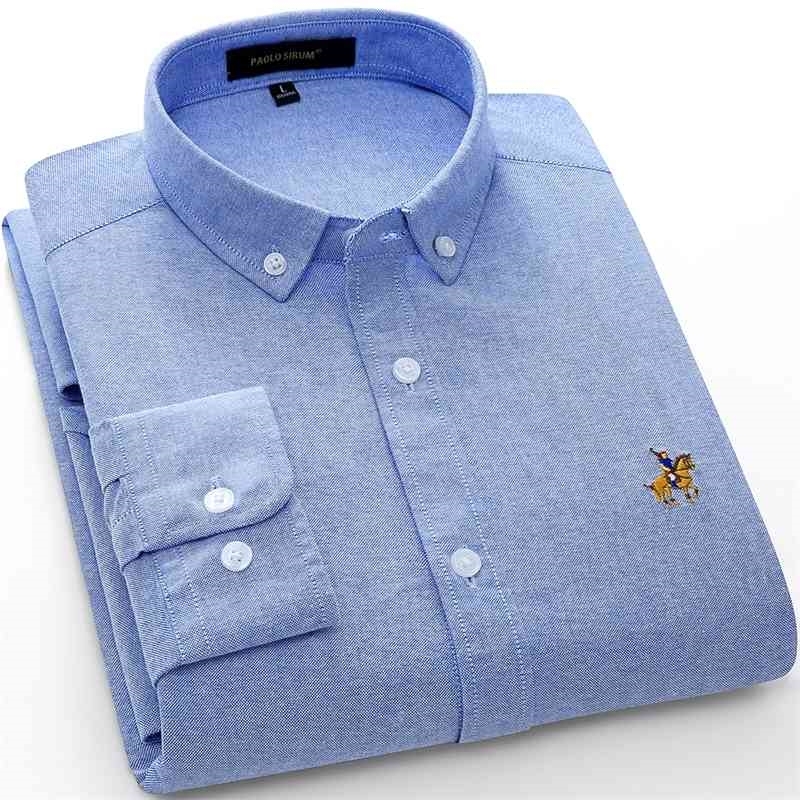 Spring 100% Cotton Oxford Men Shirt White Long Sleeve Embroidery Regular Fit Soft Thick Comfortable Male 210410