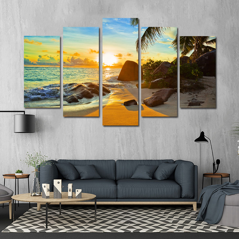 5 Panels Beach Landscape Posters And Prints Canvas Painting Sea Sunset Big Size Wall Art Pictures For Living Room Home Decor
