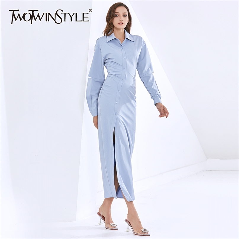 Loose Solid Dress For Women Lapel Long Sleeve High Waist Side Split Casual Dresses Female Fashion Clothing 210520, Blue
Loose Solid Dress For Women Lapel Long Sleeve High Waist Side Split Casual Dresses Female Fashion Clothing 210520, Blue