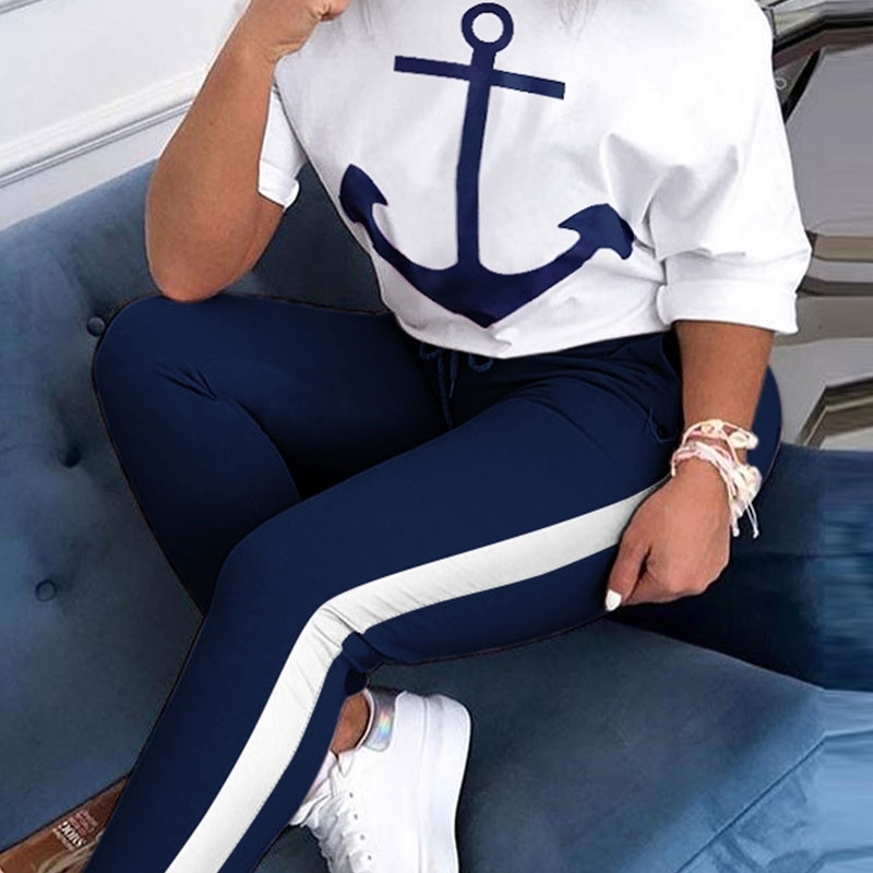 sweatsuits for women skew Neck Half Sleeve anchor print Tops & Colorblock Drawstring Pant streetwear womens two piece sets 210520