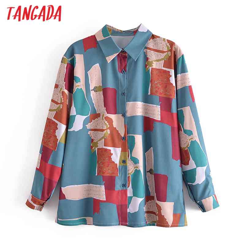 Women Vintage Print Chiffon Long Sleeve Chic Female Casual Loose Shirt 3A35 210416