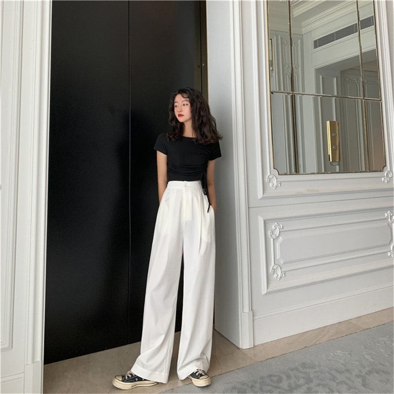Selling Autumn White High Waist Slender Quality Streetwear Suit Full-Length Large Size Wide Leg Trousers 210421