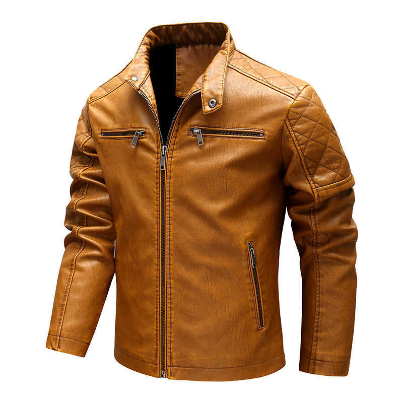 Autumn/Winter Fleece Motorcycle Leather Jacket Full Zip Faux-Leather Men's Coat Brown Vintage Plus Size Slim Mens Wear Jacket 211018