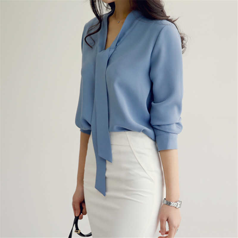 Neploe New Women Chiffon Shirt 2019 Spring V-neck Bow Ribbon Blouse Female Slim Simple Elegant Long Sleeve Blusas 66378 SH190803