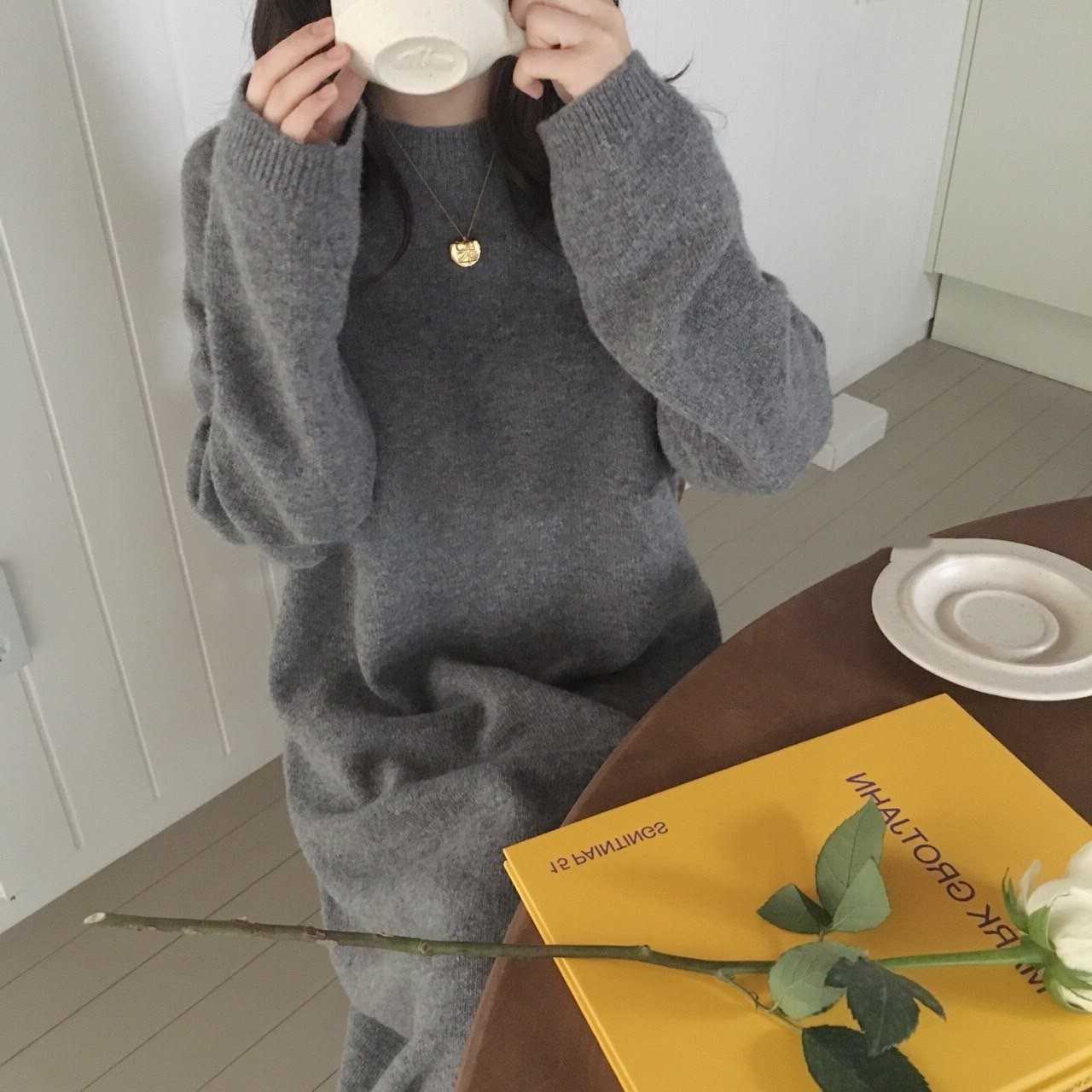 Knitted Dresses for Women Crew-Neck Long Sleeve Korean Style Fall Mid-Length Dress Female Loose Casual Pullover Kobieta Sukienka 210604