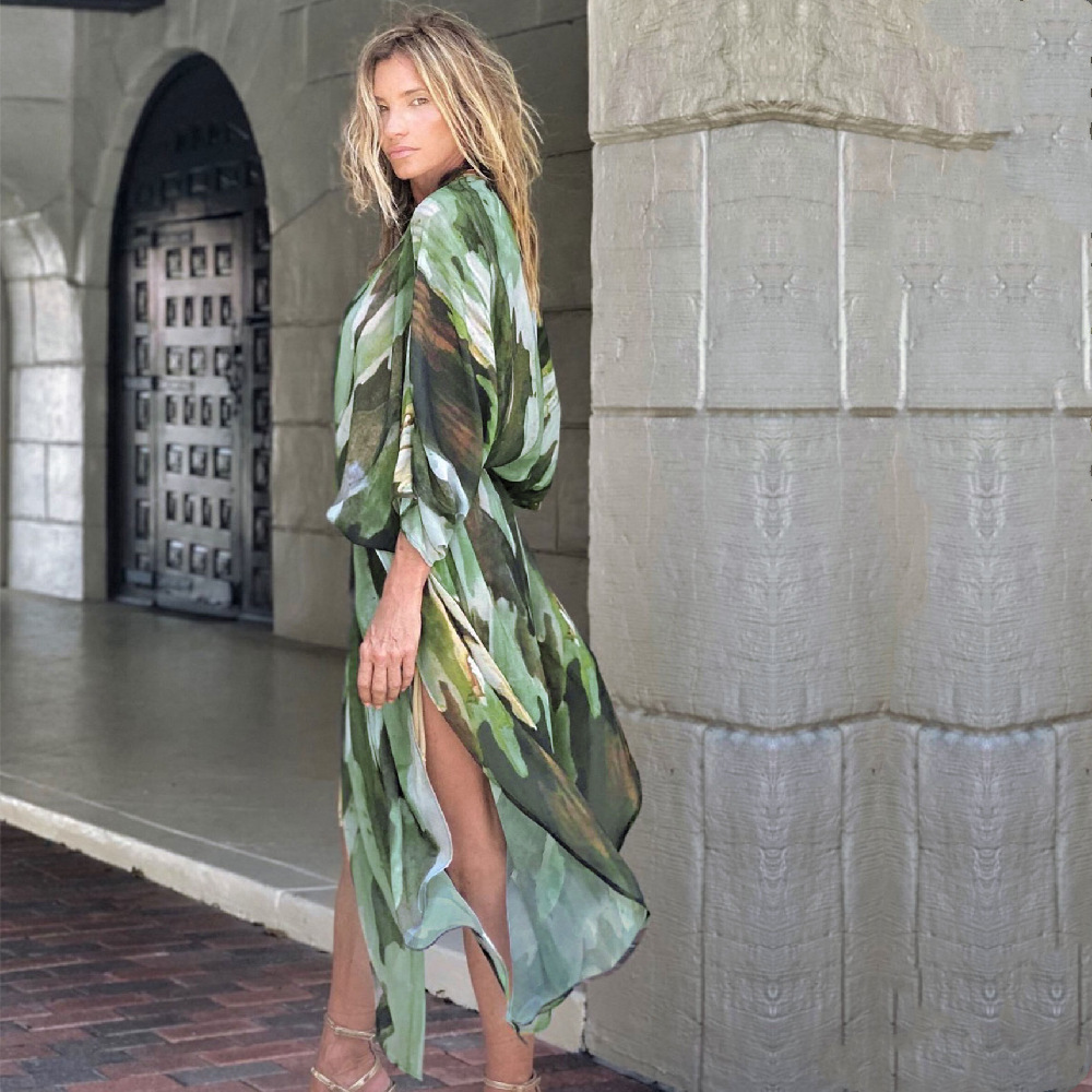 Boho Print Chiffon Tunic Sexy Bathing Suit Cover-ups Plus Size Beach Wear Kimono Dress Women Summer Swimsuit Cover Up A793 210420