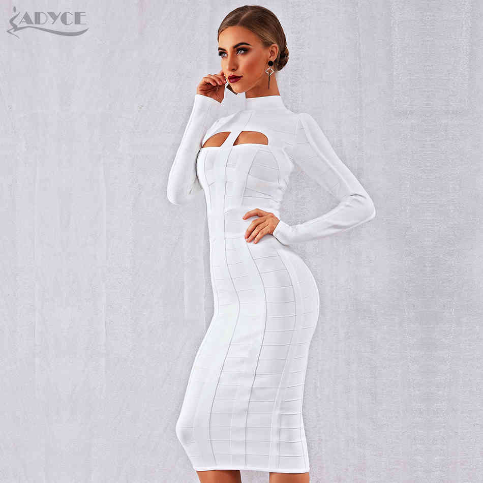 Autumn Women White Bodycon Bandage Dress Long Sleeve Sexy Hollow Out Club Celebrity Evening Party Vestidos 210423