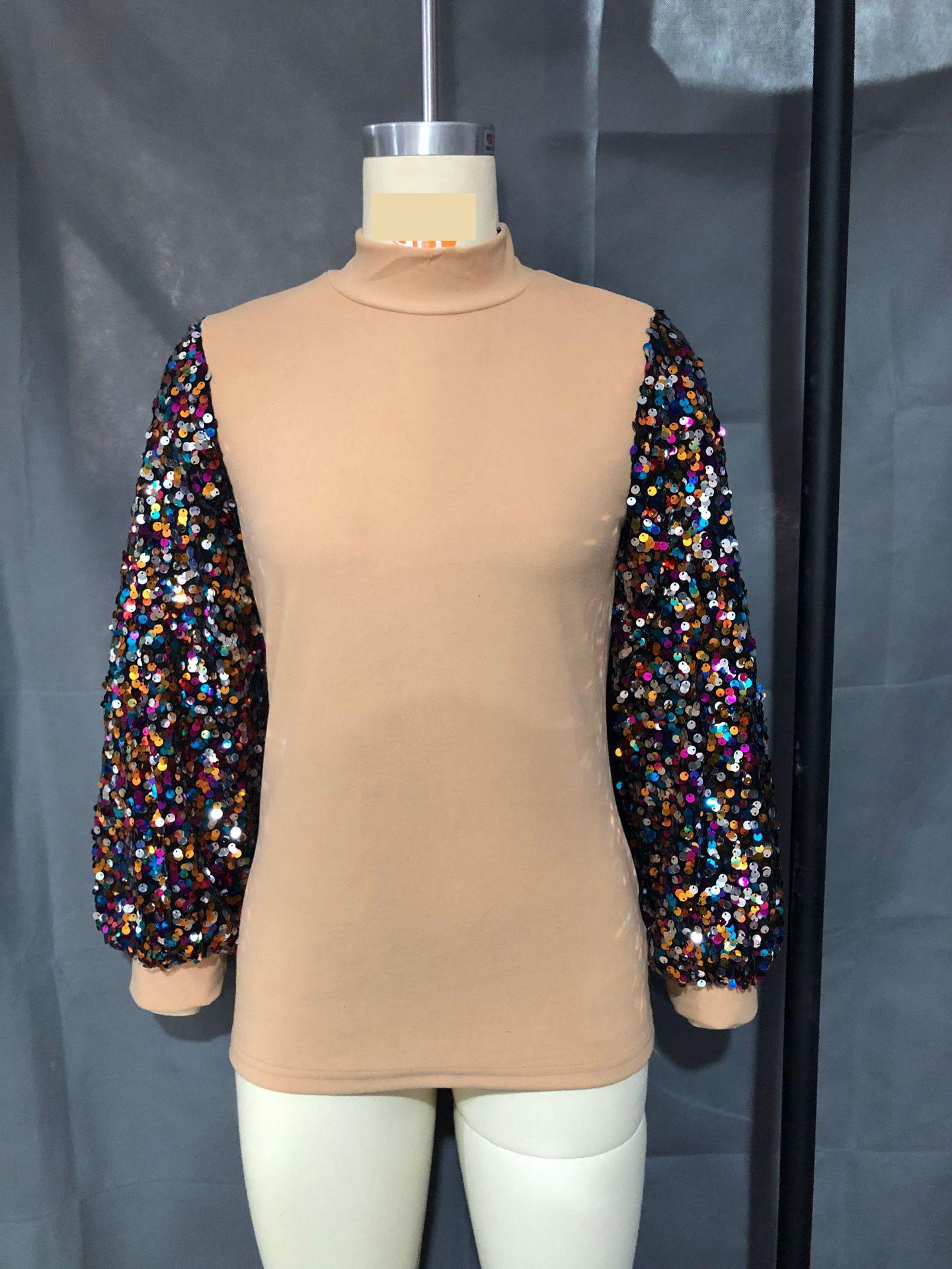 Women Sweater Lantern Sleeve Knitted Sequined Stitching Bottoming Pullovers Fashion Tops Autumn Winter 210513