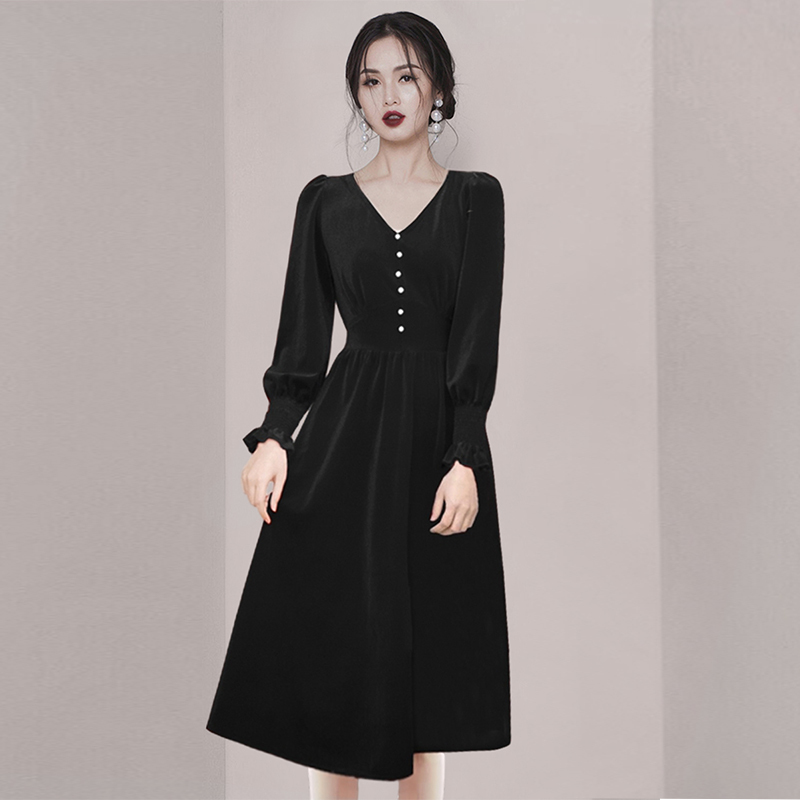 Autumn Winter Velvet Dresses For Women Vintage V Neck High Waist Knee-Length Female Vestido Da Festa 210520