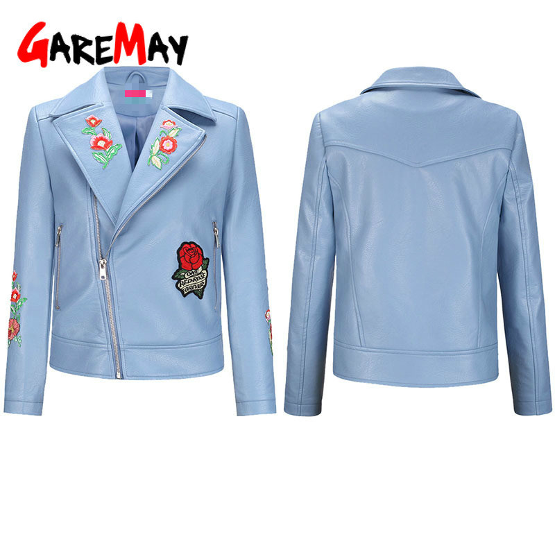 Women Floral Print Embroidery Faux Leather Jacket Coat Turn-down Collar Casual Pu Motorcycle Black Punk Outerwear plus size 210428