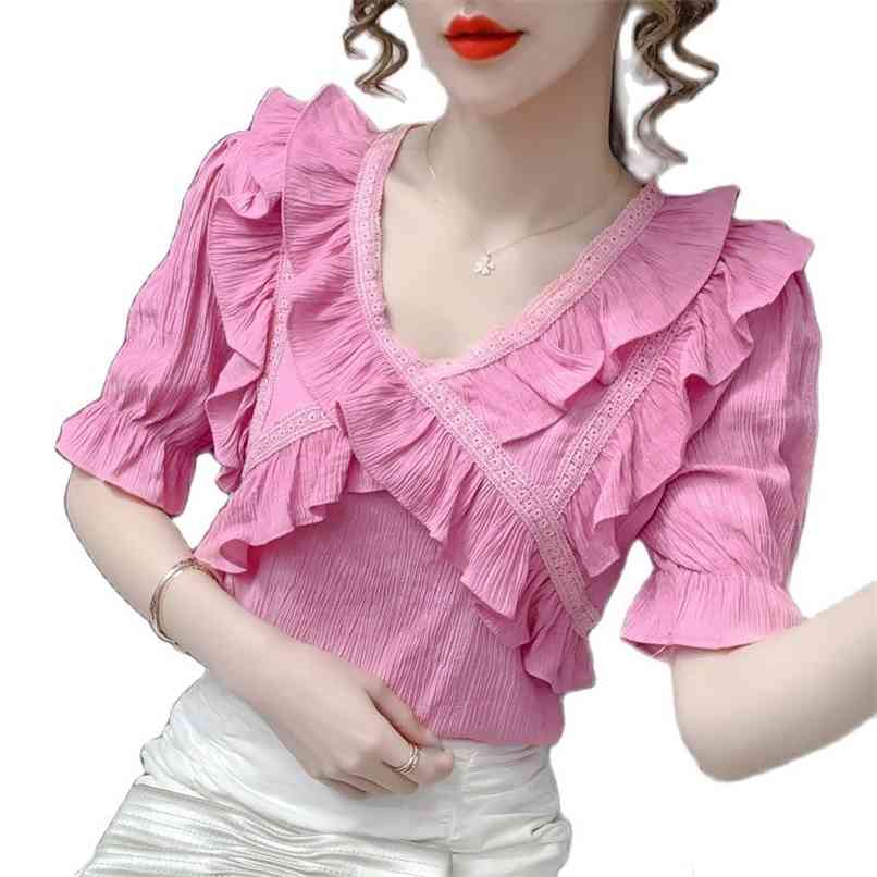 Fashion women's shirt summer sweet V-neck ruffle trumpet short-sleeved ruffled chiffon Ladies' top 210520, Blue
Fashion women's shirt summer sweet V-neck ruffle trumpet short-sleeved ruffled chiffon Ladies' top 210520, Blue