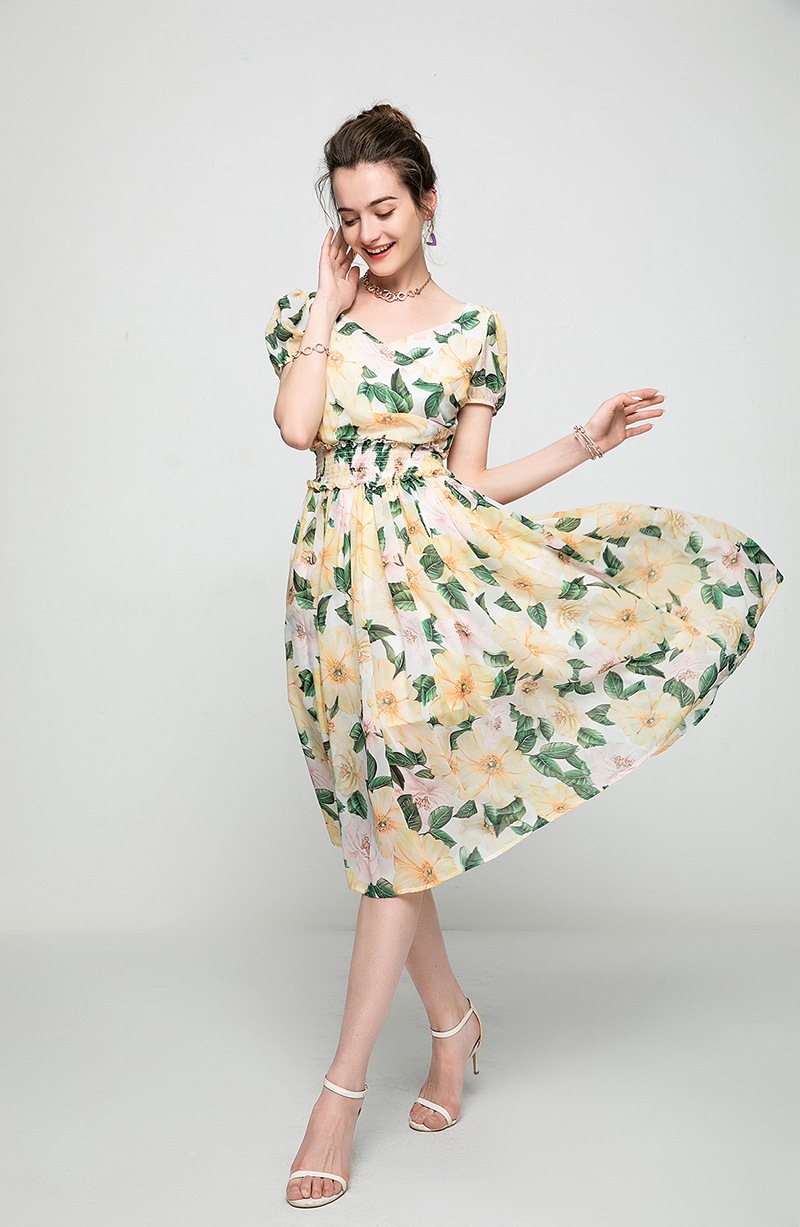 Women's Runway Dresses V Neck Short Sleeves Floarl Printed Elastic Waist Fashion Casual Mid Dress Vestidos