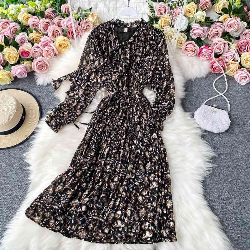 Autumn Casual Loose Pleated Chiffon Floral Print Dress A Line V Neck Full High Waist Tie Up Women Party Dress 210521