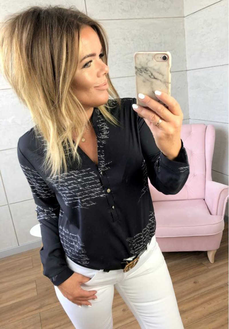 White Letter Print Women Shirt Long Sleeve Turn Down Collar Office Ladies Blouses Single Row Button Female Autumn Tops 210526