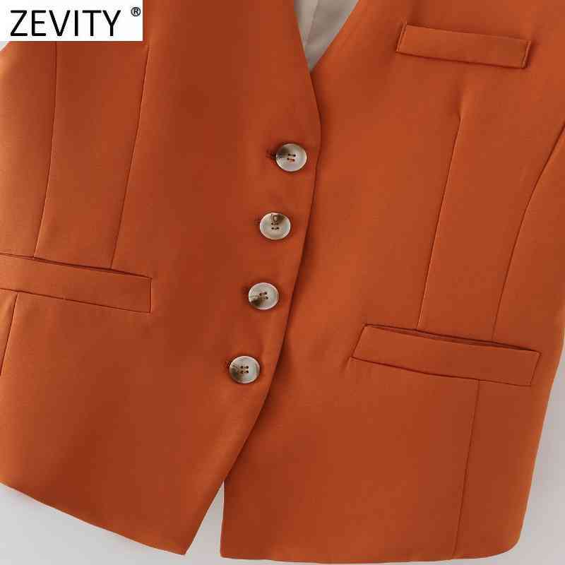 Zevity New Women Simply Sleeveless Single Breasted Orange Vest Jacket Office Lady Slim Suit WaistCoat Pockets Outwear Tops CT682 210419