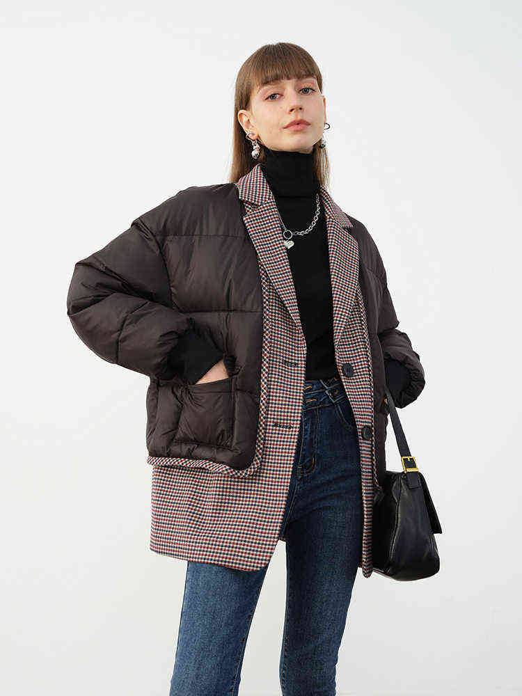 Women's jacket oversize outwear Plaid Stitching black Lapel Long Sleeve Loose Fit Jacket Fashion Autumn winter 211130
